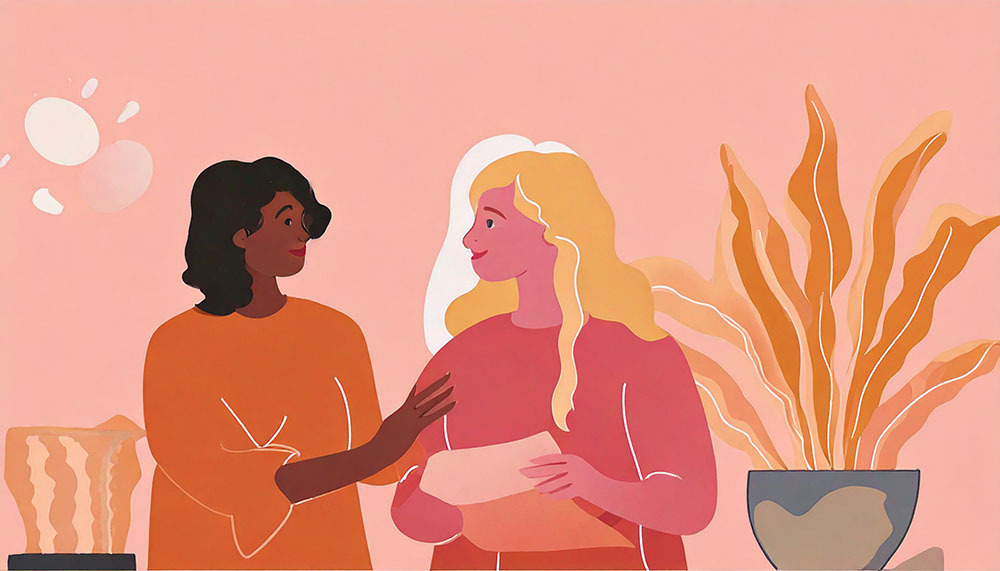Illustration av två kvinnor som talar med varandra