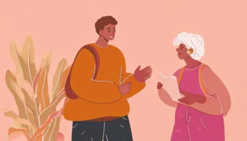 Illustration av ung man som går på studiebesök på en daglig verksamhet och möter en arbetskonsulent där 79