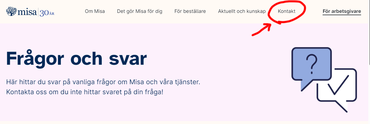Skärmdump av Misas hemsida som visar var man hittar länken