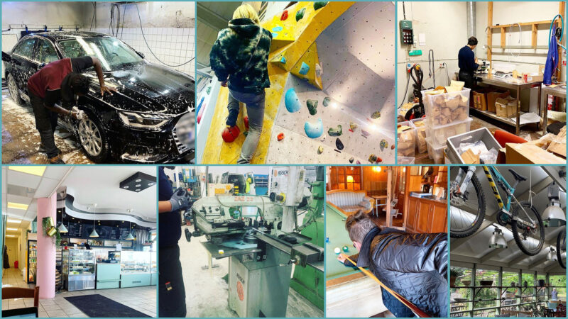 Ett collage av bilder med olika arbetsplatser från Misa Ung